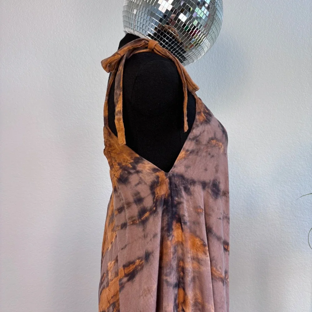 Chantique Hawaii Tie Dye Harem Jumpsuit Brown Rust Rayon One Size Boho Pockets - Picture 12 of 16